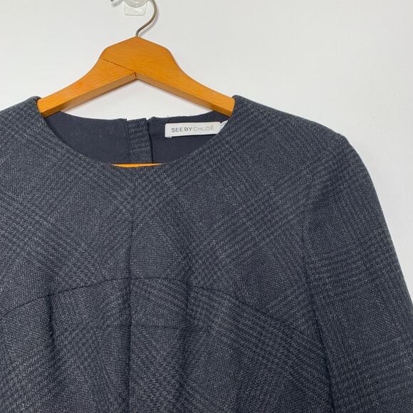 See by Chloe women's dark gray sawtooth plaid wool blend sheath dress SZ 6 - Picture 7 of 12